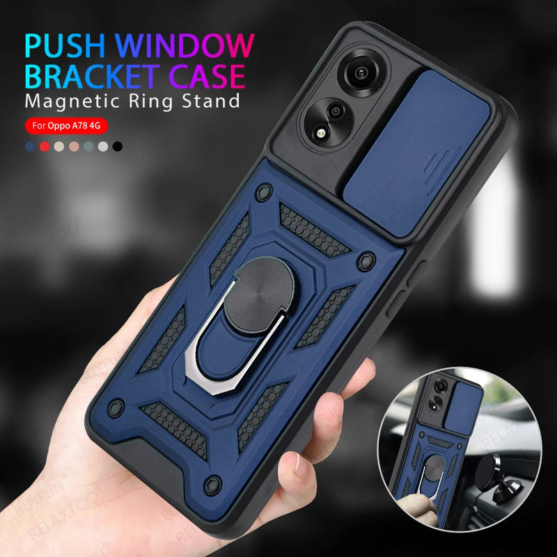 OppoA78 Case Ring Holder Push Window Armor Phone Cover For Oppo A78 A 78 78A 4G Soft Shockproof Bumper Shell 6.43inches CPH2565