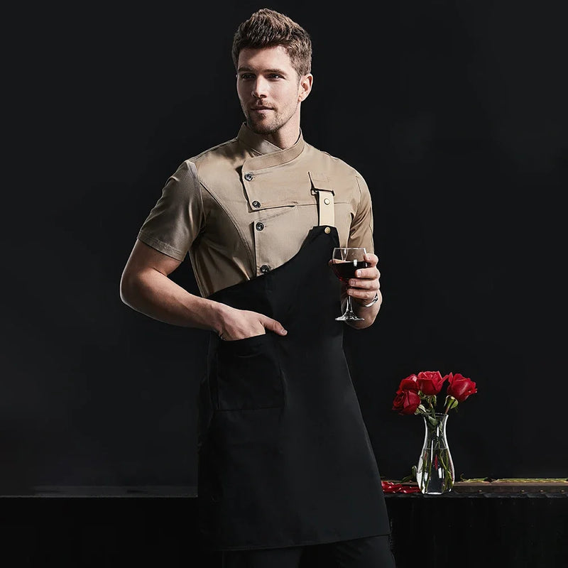 Men Women Chef Jacket Cooking Shirt Apparel Short Sleeve Tops Apron Waiter Waitress Workwear Chef Clothes Cafe Catering Uniform