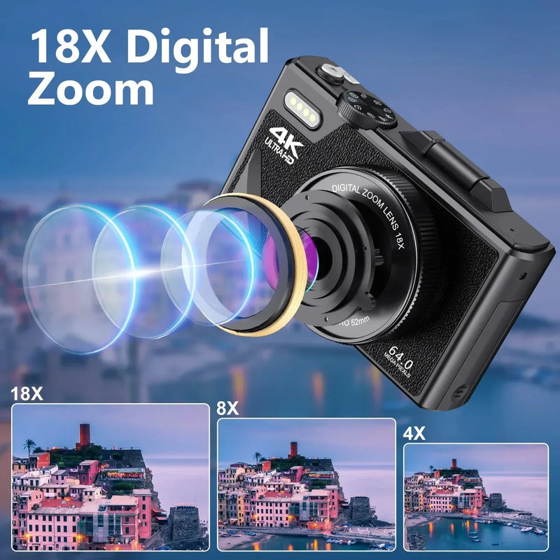 18X Digital Zoom Cameras for Photography 4K Auto Focus Anti-shake Video Cameras 64MP YouTube Vlogging Camcorder 3’’ Flip Screen