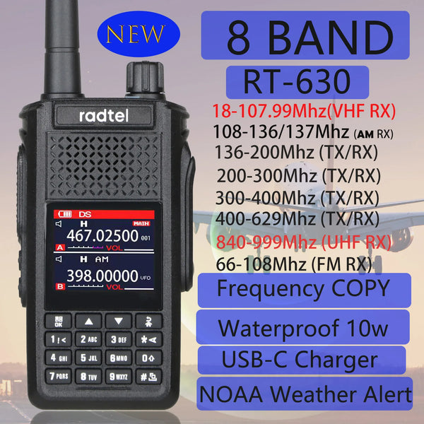 Radtel Waterproof Full Bands Amateur Ham Radio, Aviation Air Band Walkie Talkie, Wireless Copy Frequency, RT-630, 10W, IP67