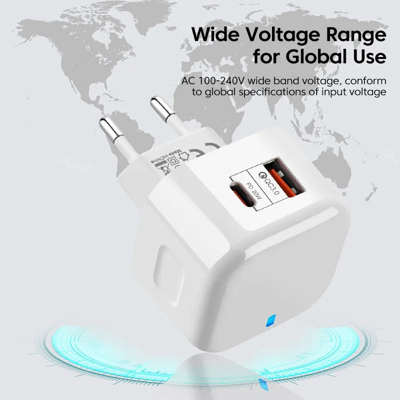 PD20W USB Charger Fast Charge QC 3.0 Wall Charger For iPhone 14 13 Samsung Xiaomi Mobile 2 Ports EU US UK Plug Adapter Travel