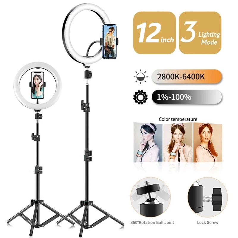 LED Selfie Ring Light 3 modes Dimmable Photography Lamp with 50cm Tripod&Remote control For Tik Tok Video Live Makeup Fill Light