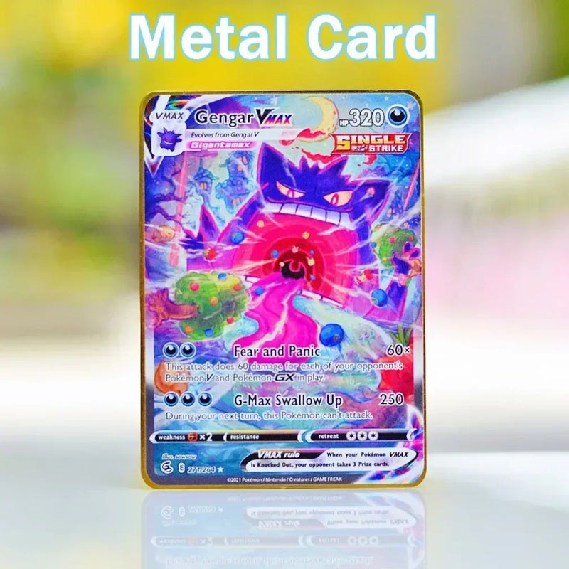 Pokemon Card Metal Pokemon Letters Gold Iron Playing Cards Gengar Vmax Rayquaza Charizard Pikachu Vstar Anime Game Gift Kid Toys