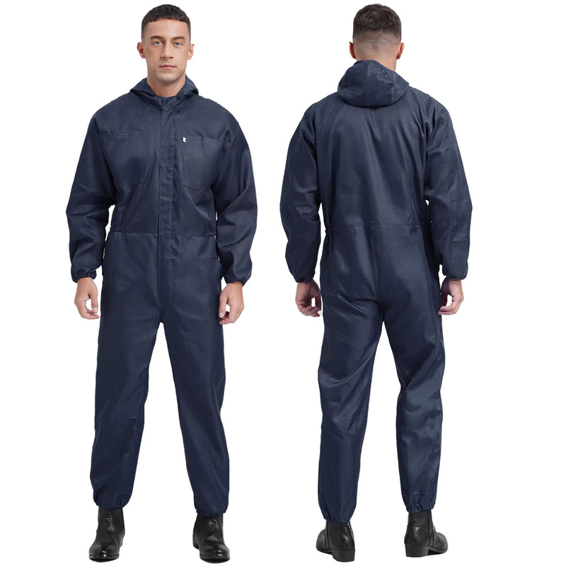 Mens Dustproof Coverall Hooded Long Sleeve Jumpsuit Overalls Zipper Front Big Pockets Durable Workshop Workwear Mechanic Uniform