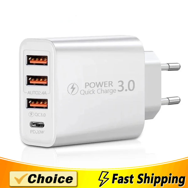 20W Type C USB Quick Charger 4 Ports 3.0 PD Cell Mobile Phone Power FAST Adapter For iPhone Samsung Xiaomi White