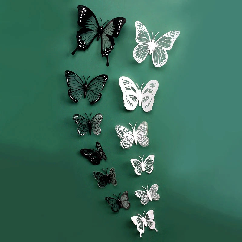 12pcs 3D Butterfly Wall Stickers Black White Color Wallpaper Butterfly Insert Rod Bedroom Home Wedding Decor bouquetSupply