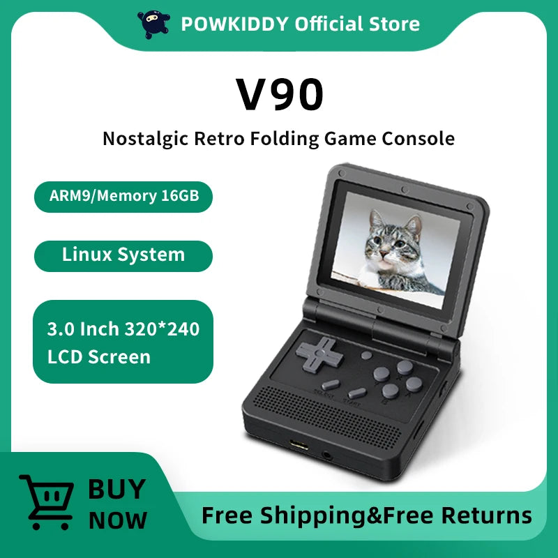 POWKIDDY v90 Black Version 3-Inch IPS Screen Flip Handheld Console Open System Game Console 16 Simulators PS1 Children's gifts