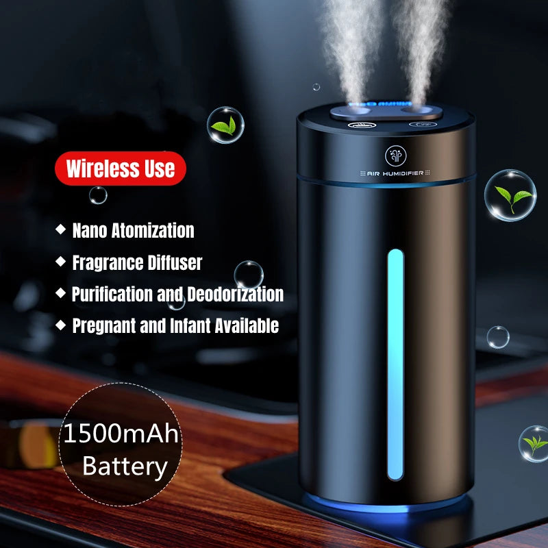 380ML Double Spray Vehicle Air Humidifier USB Charging Mini Essential Oil Diffuser with Mood Light Wireless Car Aroma Humidifier