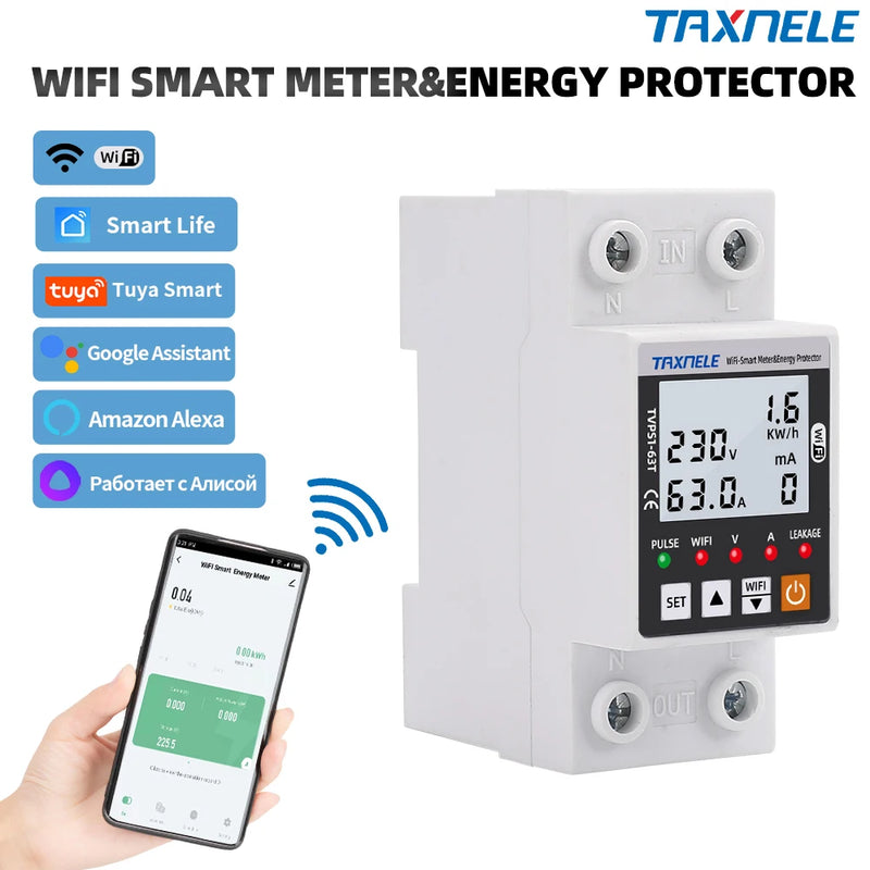 63A TUYA  WiFi Smart Earth Leakage Over Under Voltage Protector Relay Device Switch Breaker Energy Power kWh Meter Smart Life