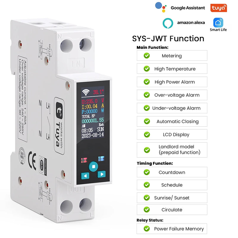 TUYA WIFI Smart Circuit Breaker With Metering 1P 50A 63A DIN Rail for Smart Home  wireless Remote Control Switch by APP TONGOU