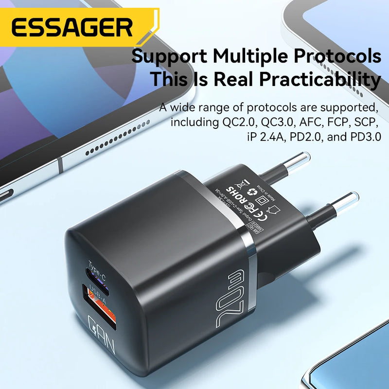 Essager 0W GaN USB C Charger QC 3.0 PD Fast Type C Charger For iPhone 15 14 13 Pro Max Xiaomi Samsung Type C Mini Phone Charger