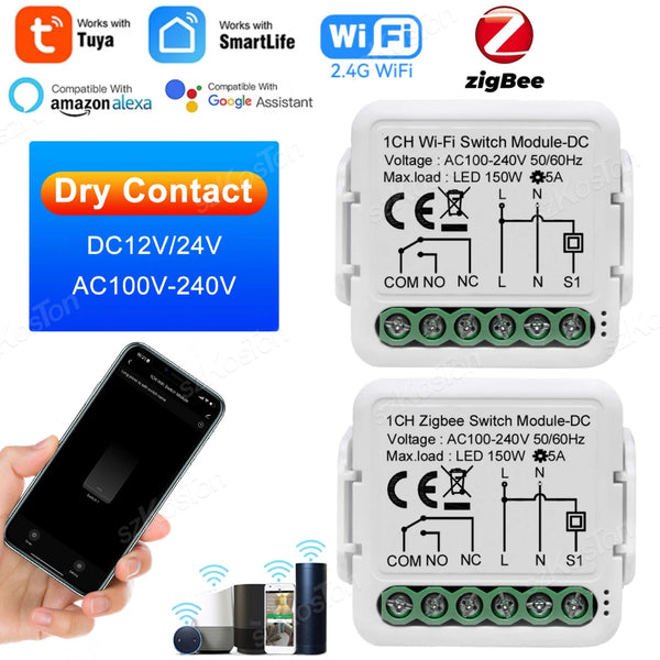 Tuya Smart ZigBee WiFi Dry Contact Switch Module Smart Home DIY Breaker Relay DC12/24V AC 100-240V Works with Alexa Google Alice