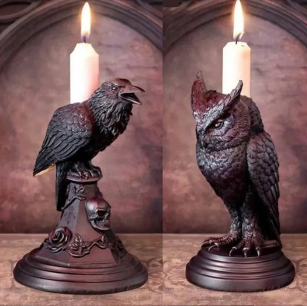 Halloween Gothic Crow Candlestick Ornaments Resin Room Decor Antique Owl Figurines Decoration Statue Home Decoration Accessories