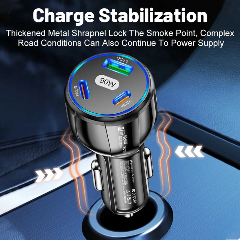 90W  Fast Charger 3 Ports PD USB Car Charging Mobile Phone Type-C Adapter Quick Charger in Car for iPhone 14 15 Pro/Max Samsung