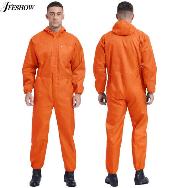 Mens Dustproof Coverall Hooded Long Sleeve Jumpsuit Overalls Zipper Front Big Pockets Durable Workshop Workwear Mechanic Uniform