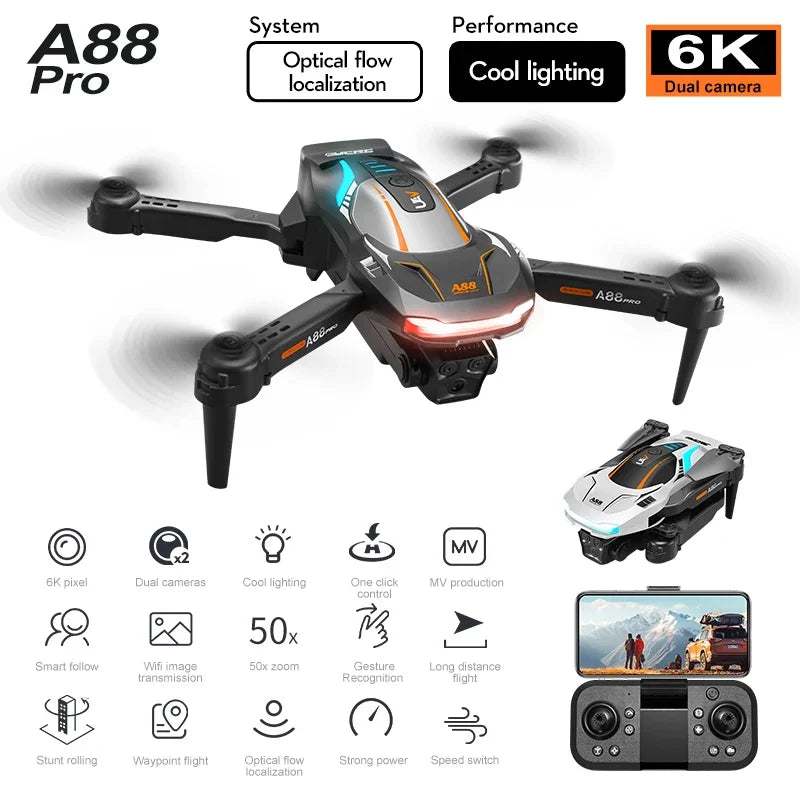 2024 New A88 Pro Drone Folding Single Camera Fixed Height/Dual Camera Optical Flow Drones 6K HD Aerial Photography Dron