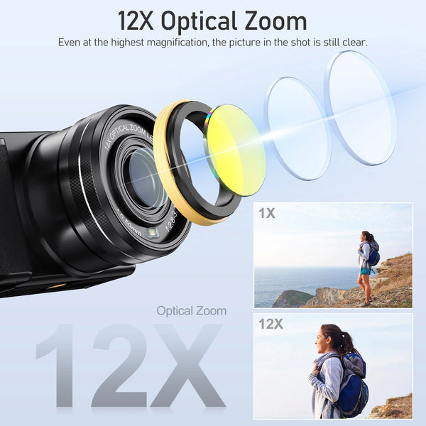 Komery 12X Optical Zoom SLR DSLR Camera 4K 64MP HD Digital Cameras For Photography Auto Focus WiFi Video Vlog Webcam Camcorder