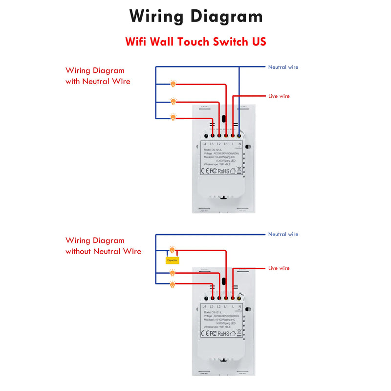 GIRIER Tuya Smart WiFi Light Switch EU US Type, Wall Touch Switch 1 2 3 Gang Works with Alexa Hey Google, Neutral Wire Optional