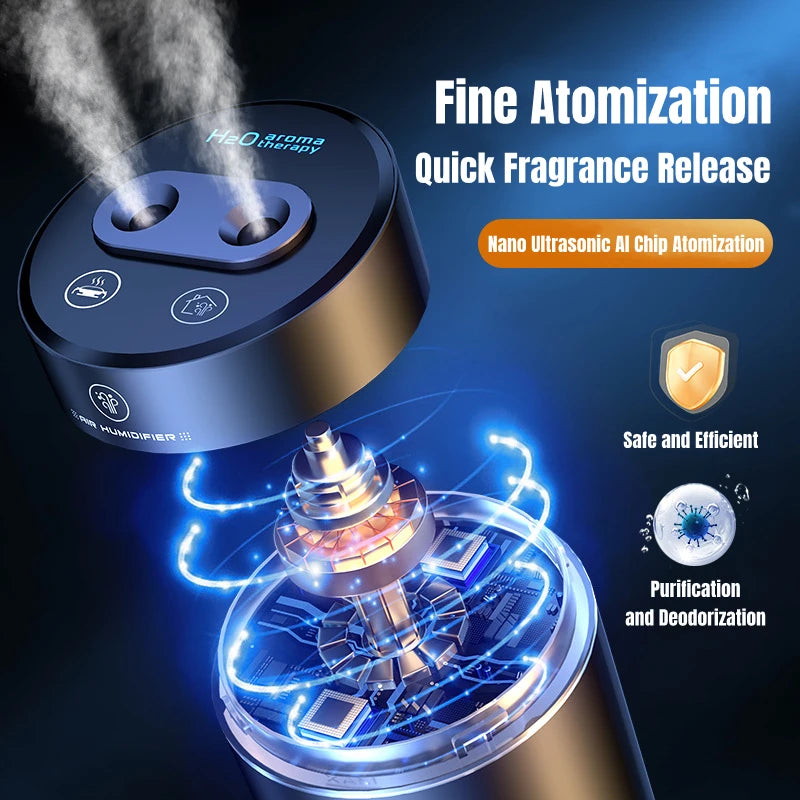 380ML Double Spray Vehicle Air Humidifier USB Charging Mini Essential Oil Diffuser with Mood Light Wireless Car Aroma Humidifier