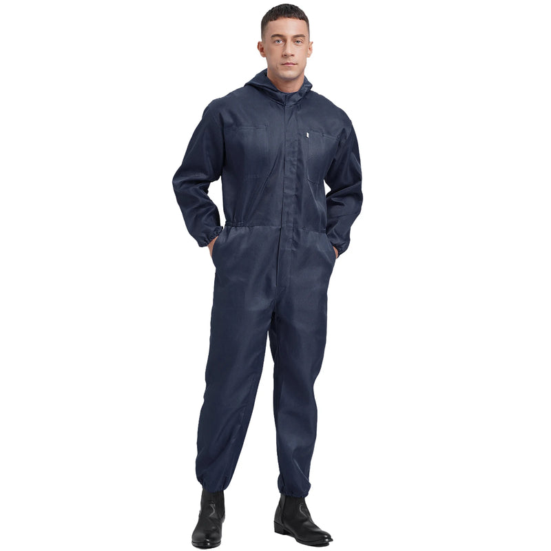 Men Dust-proof Hooded Coverall Workshop Uniform Long Sleeve Zipper Overalls Labor Jumpsuit for Factory Construction Maintenance