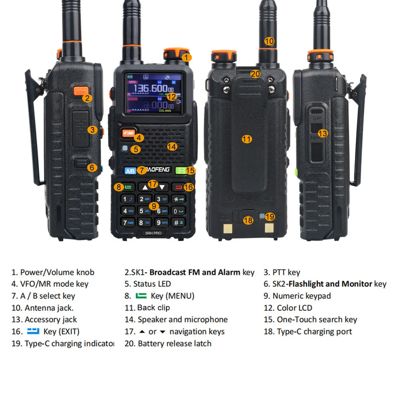 Baofeng 5RH Pro Walkie Talkie 2M 70cm Amateur Ham Radio Air Band GPS Vox FM Multi-band Fast Copy One Channel 640Ch NoAA Channels