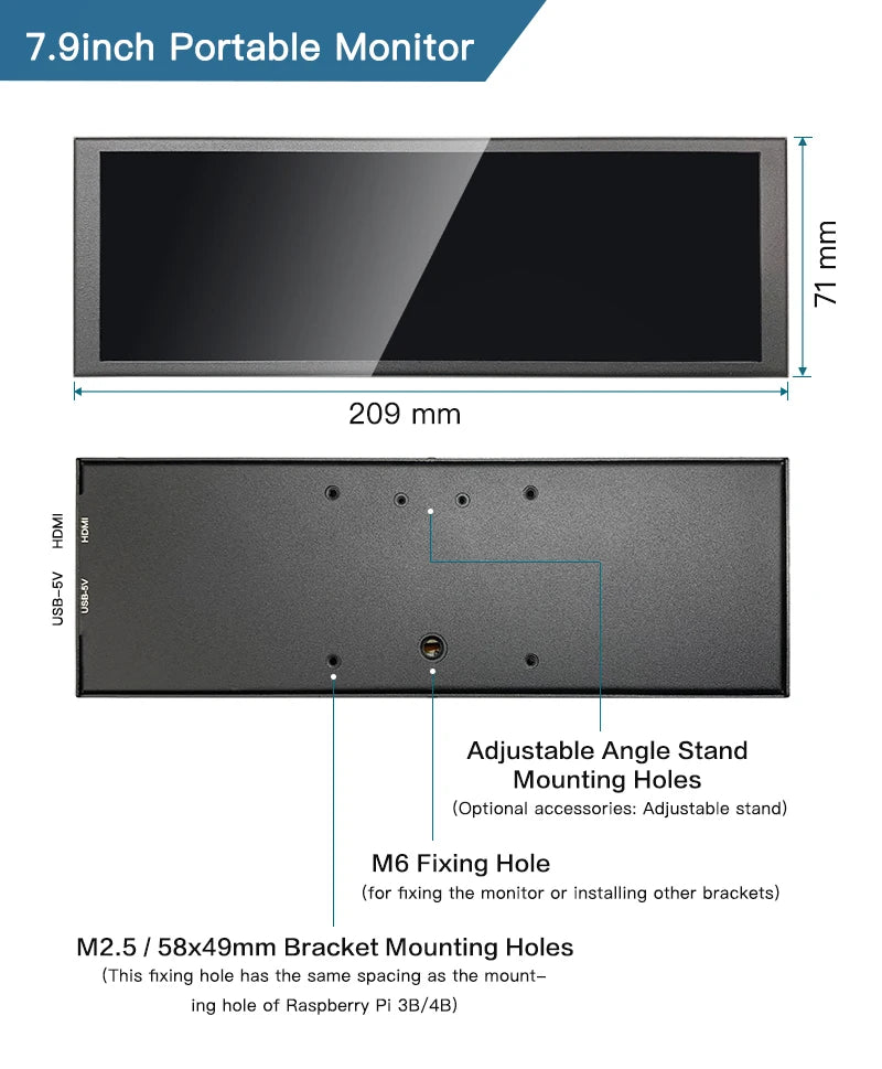 LESOWN 7.9 inch Small Stretch Bar Monitor HDMI Touch mini Wide Strip Long 400x1280 IPS Aida64 LCD Sub Screen Display for PC Case