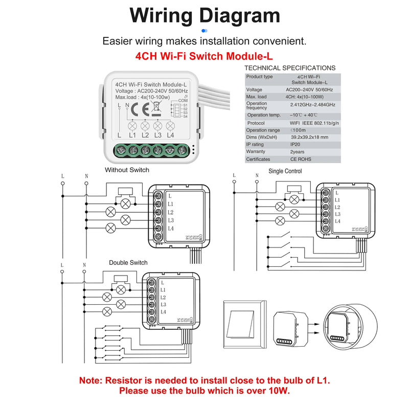 GIRIER Tuya Smart WiFi Smart Light Switch Module No Neutral Wire Required 1 2 3 4 Gang Supports 2 Way Control Alexa Hey Google