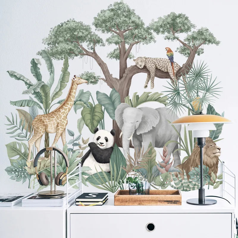 Jungle Animals Wall Stickers for Children Kids Rooms Boys Room Bedroom Decoration Large Safari Elephant Giraffe Zebra Wallpaper