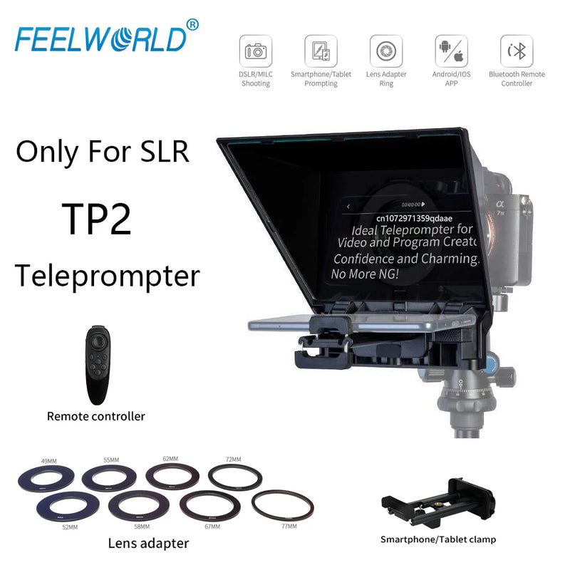 FEELWORLD TP2 Portable 8-inch Teleprompter Supports up to 8" Only DSLR Shooting with Bluetooth Control Lens Adapter Rings