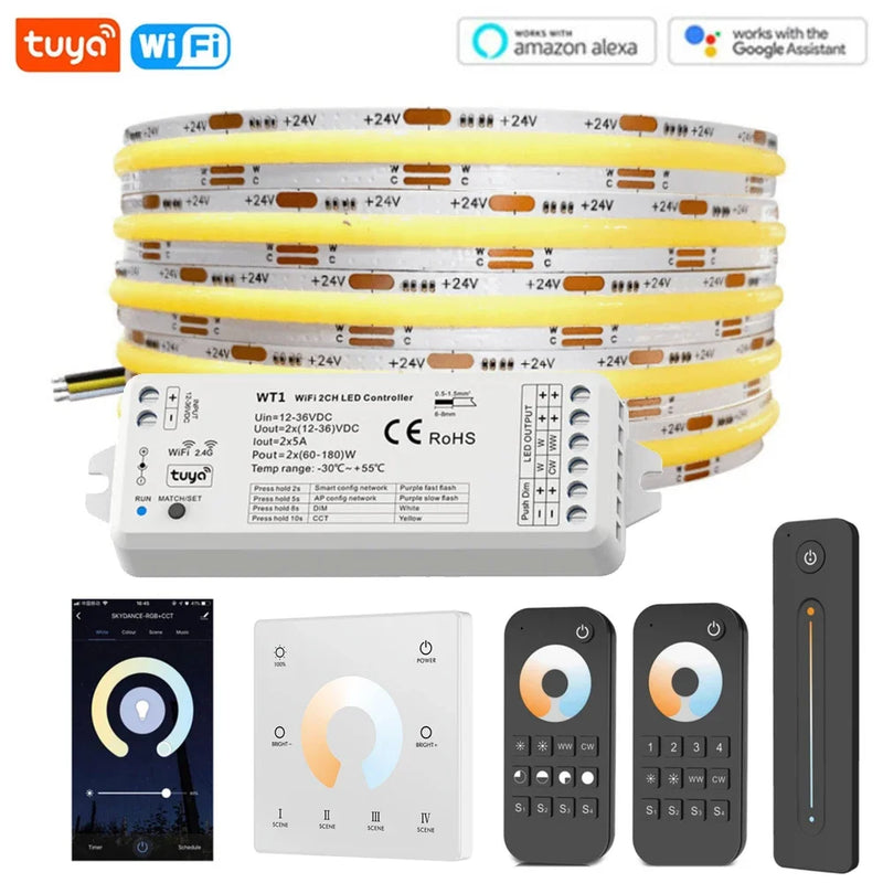 24V Tuya Wifi CCT COB LED Strip Light 3500K-6500K 3Colors RA90 608LED/m LED Bar 2.4G RF Touch Remote Smart Life for Alexa Google