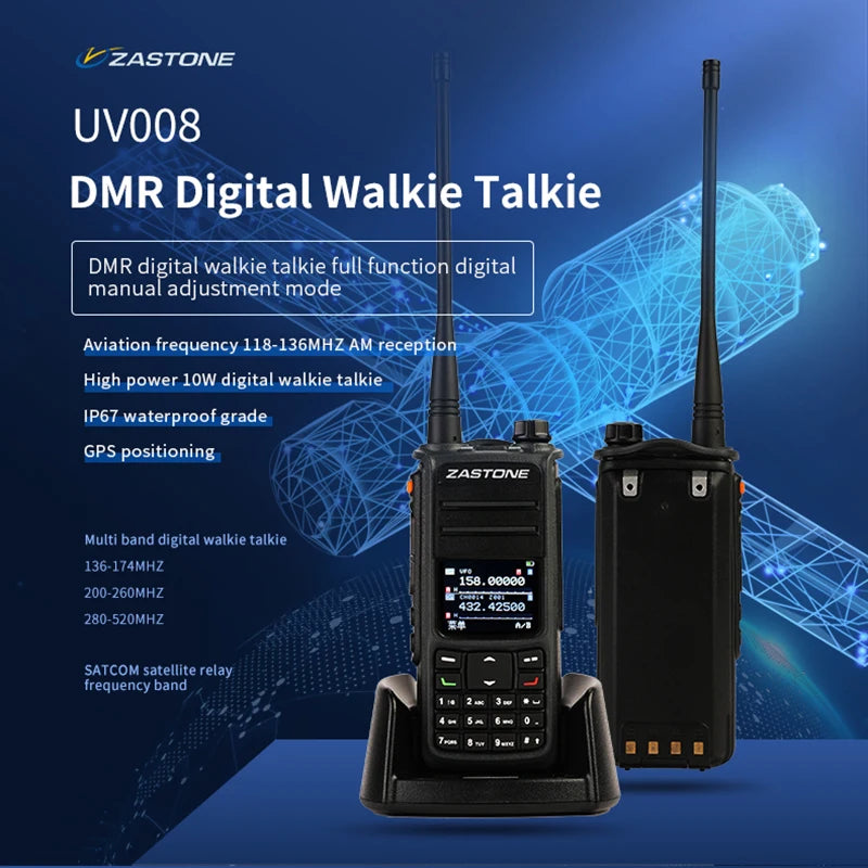 ZASTONE UV008 DMR Walkie Talkie Digita Two Way Radio Dual band 10W Dual time slot Walkie-talkie GPS