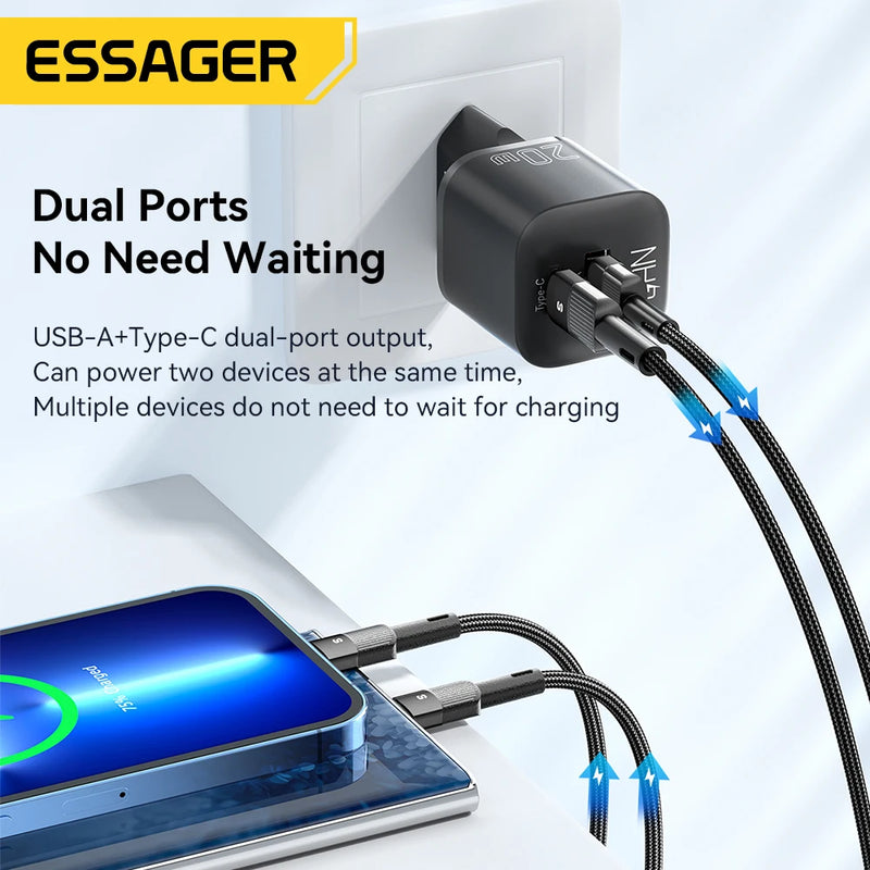 Essager 0W GaN USB C Charger QC 3.0 PD Fast Type C Charger For iPhone 15 14 13 Pro Max Xiaomi Samsung Type C Mini Phone Charger