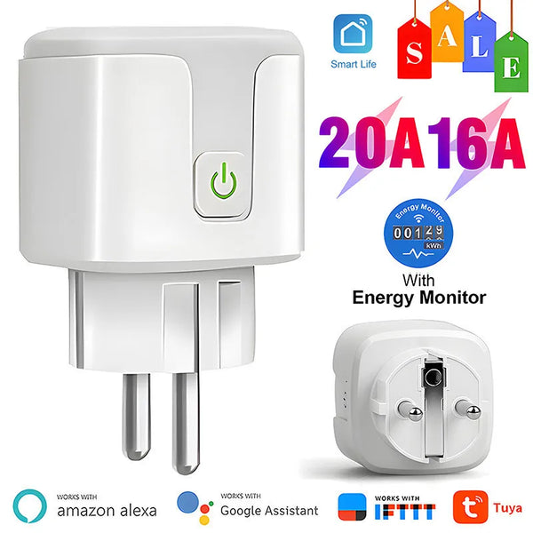 Tuya WiFi Smart Plug 16A/20A EU Smart Socket With Power Monitoring Timing Function Voice Control Via Alexa Google Home Yandex