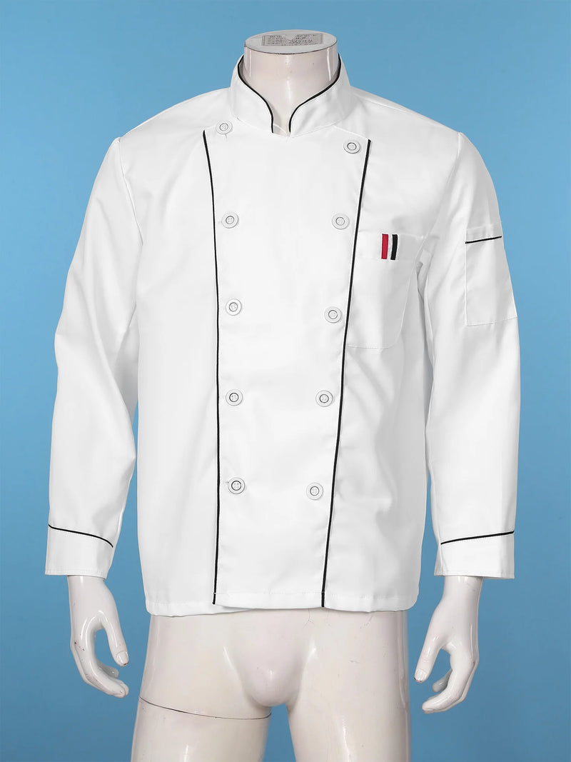 Stand Collar Button Down Chef Jacket Uniform White Hotel Restaurant Kitchen Bakery Contrast Color Trim Cook Jacket Mens Womens