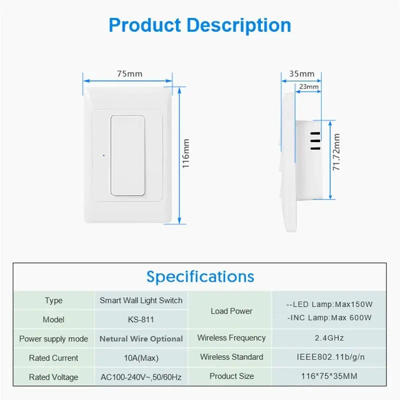 Milfra Tuya Smart WiFi Light Switch No Neutral Wire Required AU KR Brazil Wall Button Switches 1/2/3Gang AC100V-250V 50/60Hz