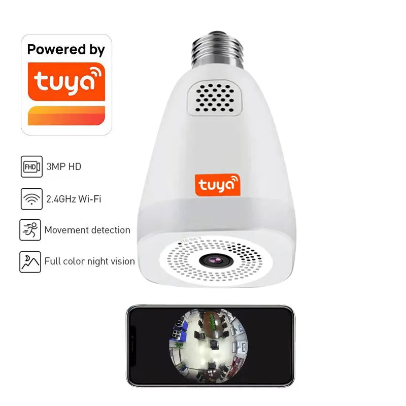 TUYA APP Smart 360 Panoramic Wireless HD CCTV Security IP Camera 3MP Wifi Light E27 Bulb WIFI Color Night Vision Two way audio