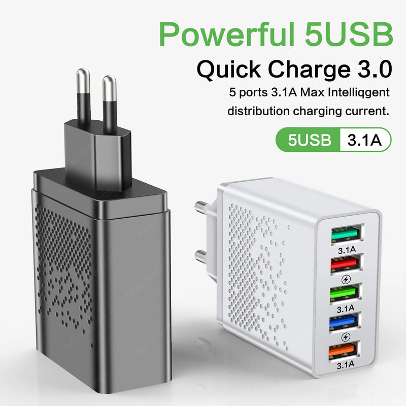 68W 5 Ports USB Charger Quick Charge EU/US Plug Wall Charger Fast Charging For IPhone Samsung Xiaomi Huawei Phone Charge Adapter