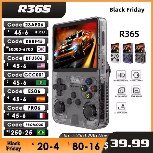 Open Source R36S Retro Handheld Video Game Console Linux System 3.5 Inch IPS Screen Portable Pocket Video Player R35S 64GB Games