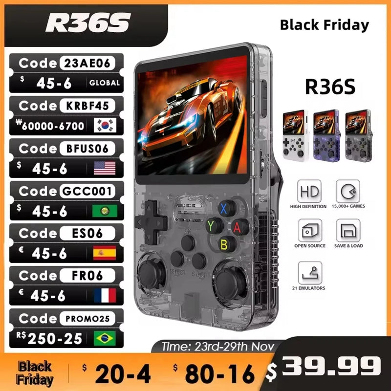 Open Source R36S Retro Handheld Video Game Console Linux System 3.5 Inch IPS Screen Portable Pocket Video Player R35S 64GB Games