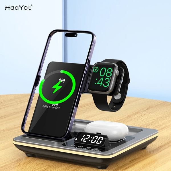 5 in 1 Alarm Clock Wireless Fast Charger Station For iPhone 15 14 13 12 Protable Travel Charging Dock For Apple Watch Airpods