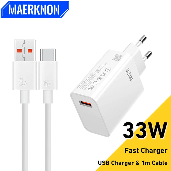 33W USB Charger Quick Charge Mobile Phone Power Adapter For Xiaomi Huawei 6A USB Type C Cable QC 3.0 Fast Charger Data Cable Set