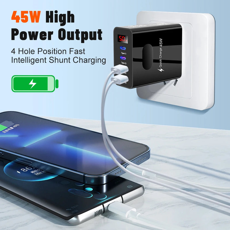 45W Digital Display Charger 4 Ports Fast Charging QC3.0 For iPhone Pro Max Samsung Xiaomi Huawei EU/US/UK Plug Travel Charger