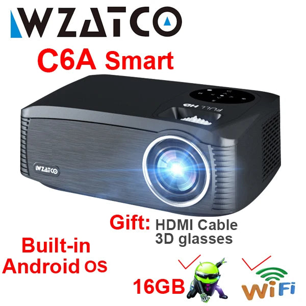 WZATCO C6A Full HD LED Projector Beamer Android OS WIFI 5G Video Proyector 300" Large Screen for Home Theater Cinema