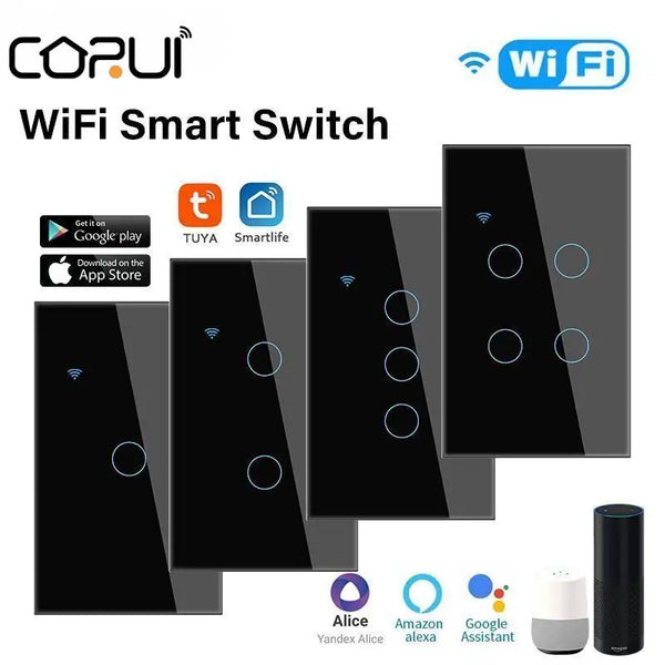 CORUI Tuya WiFi US EU Smart Touch Switch 1/2/3/4 Gang Smart Home Wall Button Works With Smart Life Alexa Google Home Alice