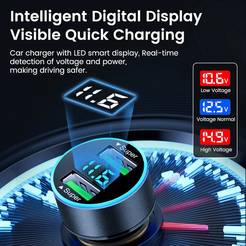 200W Car Charger Dual USB Ports Super Fast Charging with Digital Display Quick Charging Adapter For IPhone Samsung Xiaomi Huawei