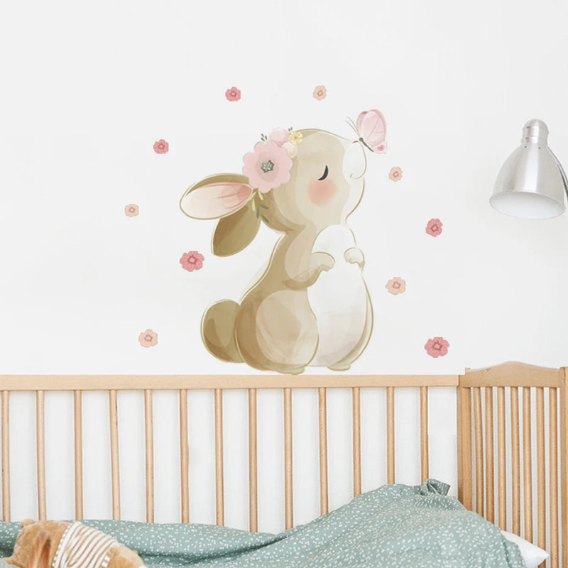 Boho Cartoon Rabbit Butterfly Flowers Wall Sticker Nursery Kids Room Home Decoration Mural Living Room Bedroom Bunny Stickers