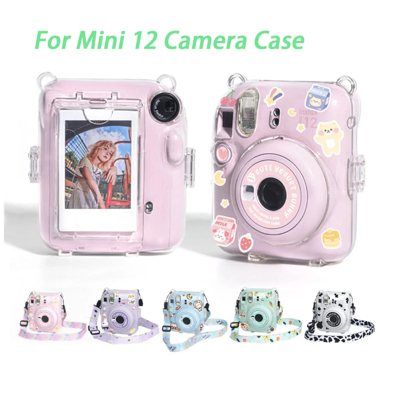 For Fujifilm Instax Mini 12 PC Transparent Camera Case Protection Cover Shoulder Strap Storage Bag Strap Sticker Three-Piece Set