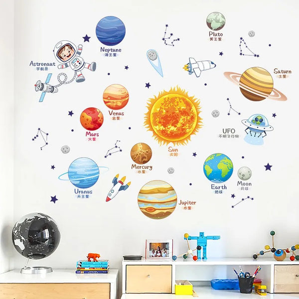 3D Space Travel Sky Cradle Astronaut rocket Wall Stickers Broken Wall Poster Wall Art Decal Kids Room Decor Boys Favors