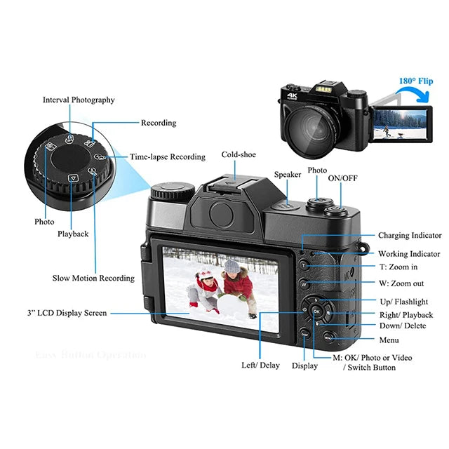 4K HD 48MP Retro Digital Camera 4K HD Professional Digital Camera WIFI Webcam Wide Angle 16X Digital Zoom Camcorder flip screen