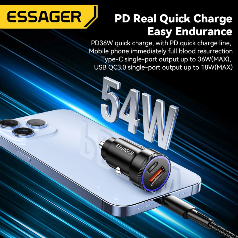 Essager 54W USB Car Charger 5A Fast Charing QC 3.0 PD 3.0 SCP AFC USB Type C Car Phone Chargers For iPhone Huawei Samsung Xiaomi